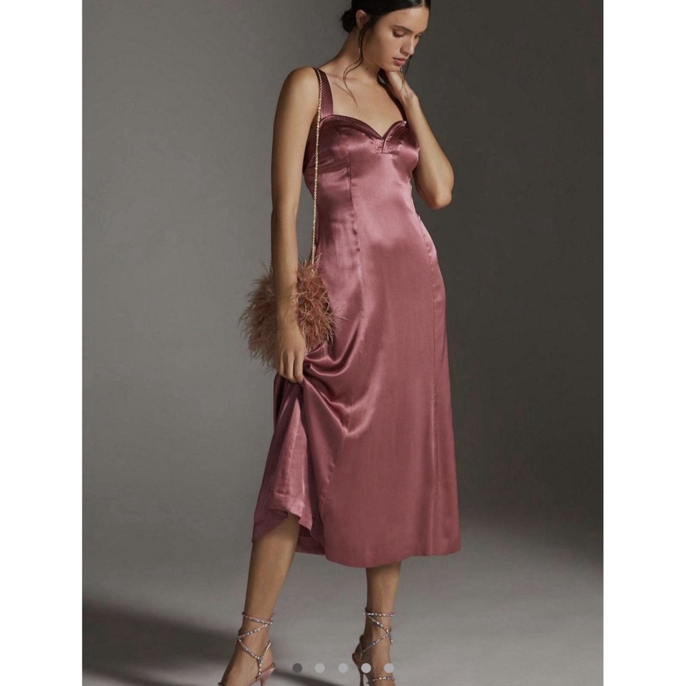 Anthropologie Cross Back Midi Dress Mauve Pink Satin Bustier Wedding Guest satin